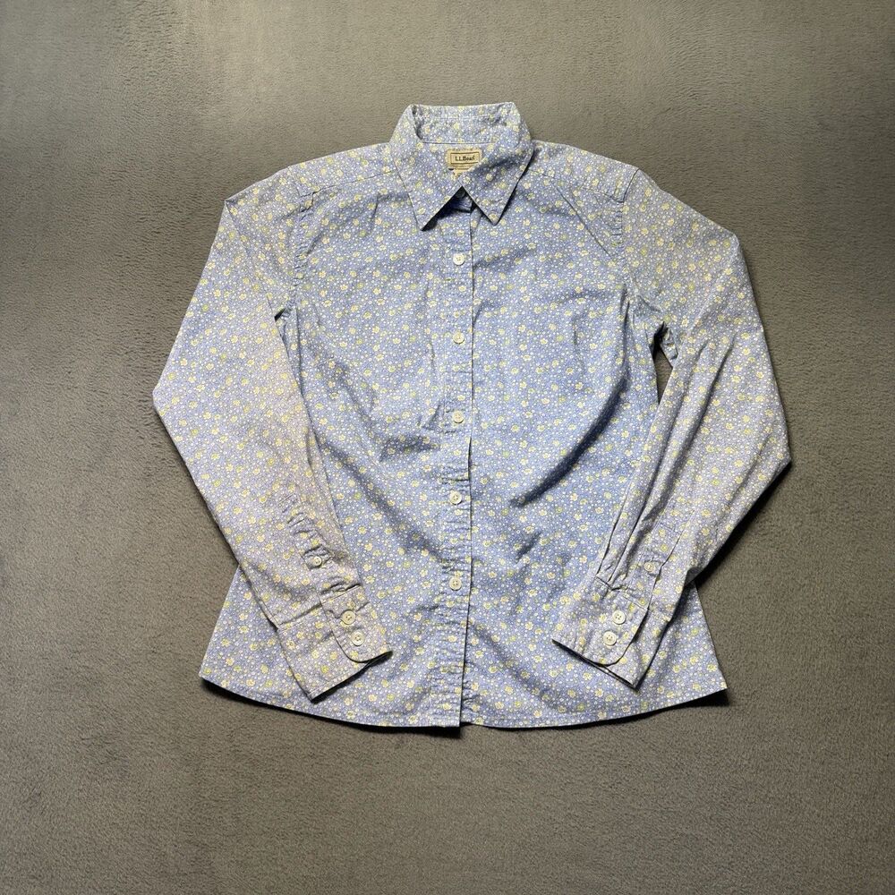 L.L.Bean Womens XS Button Up Shirt Blue Floral Stretch Cotton Long Sleeve